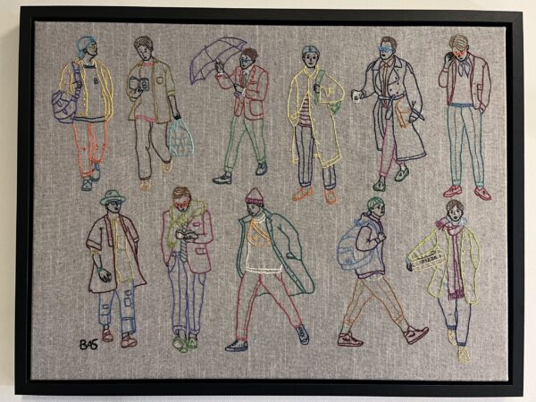 City Boys 1, Hand embroidery on canvas, framed