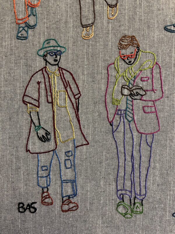 City Boys 1, Hand embroidery on canvas, framed