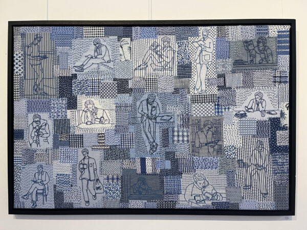 Denim Patchwork, hand embroidery in frame