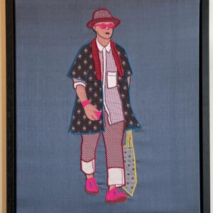 Shopping 2, Hand embroidery with patches on canvas, framed