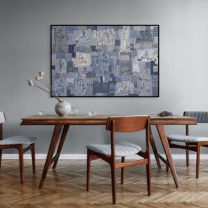 Denim Patchwork, hand embroidery in frame